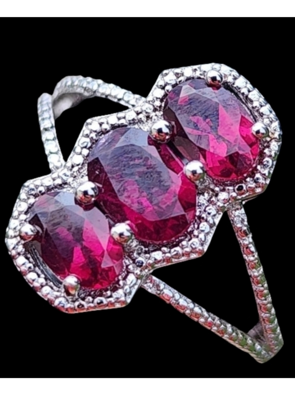 Vintage Sterling Silver Three-Stone Ring Rich Pink Red Stones Size 8 Art Deco